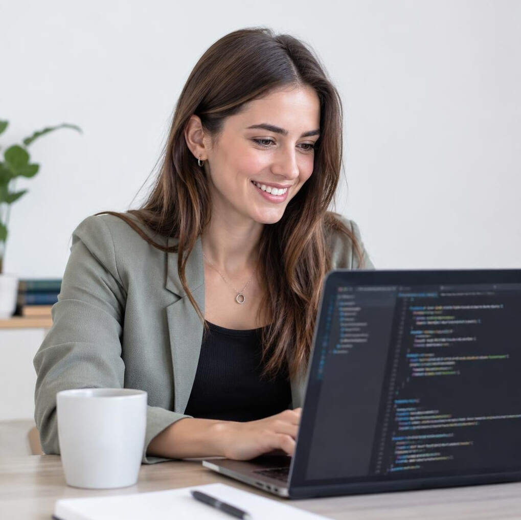 Smiling young woman working on a laptop with code on the screen
