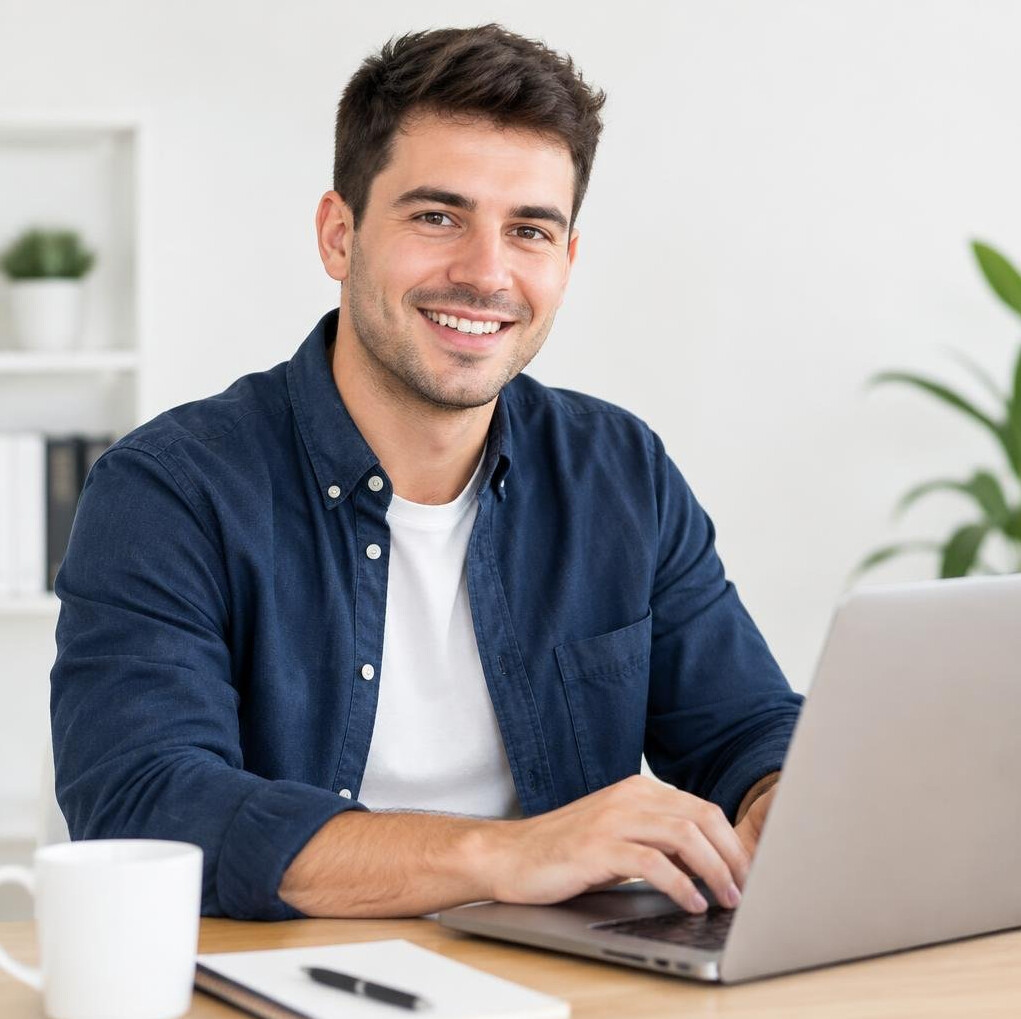 Young man confidently working on a laptop