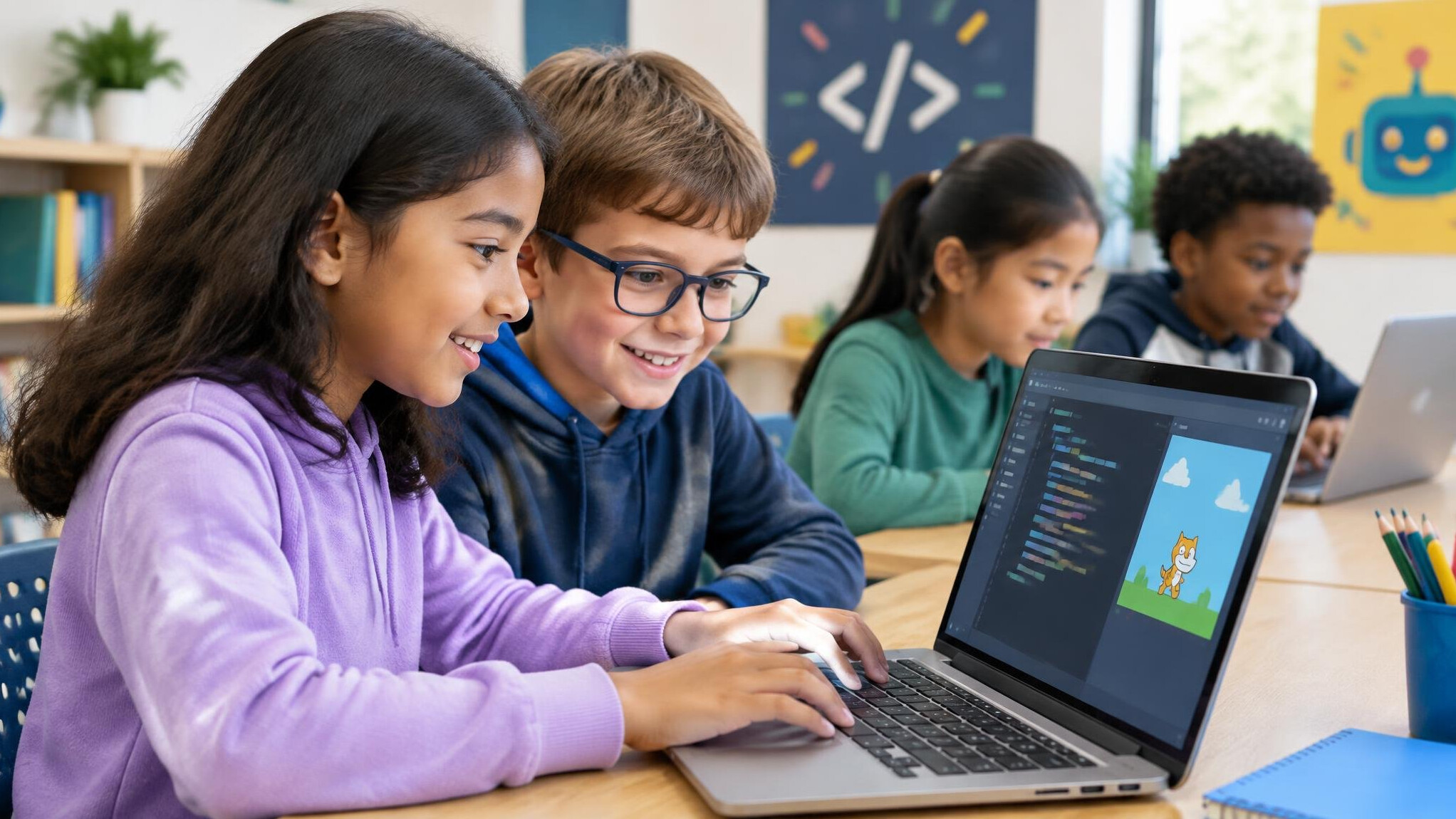 kids coding on laptop