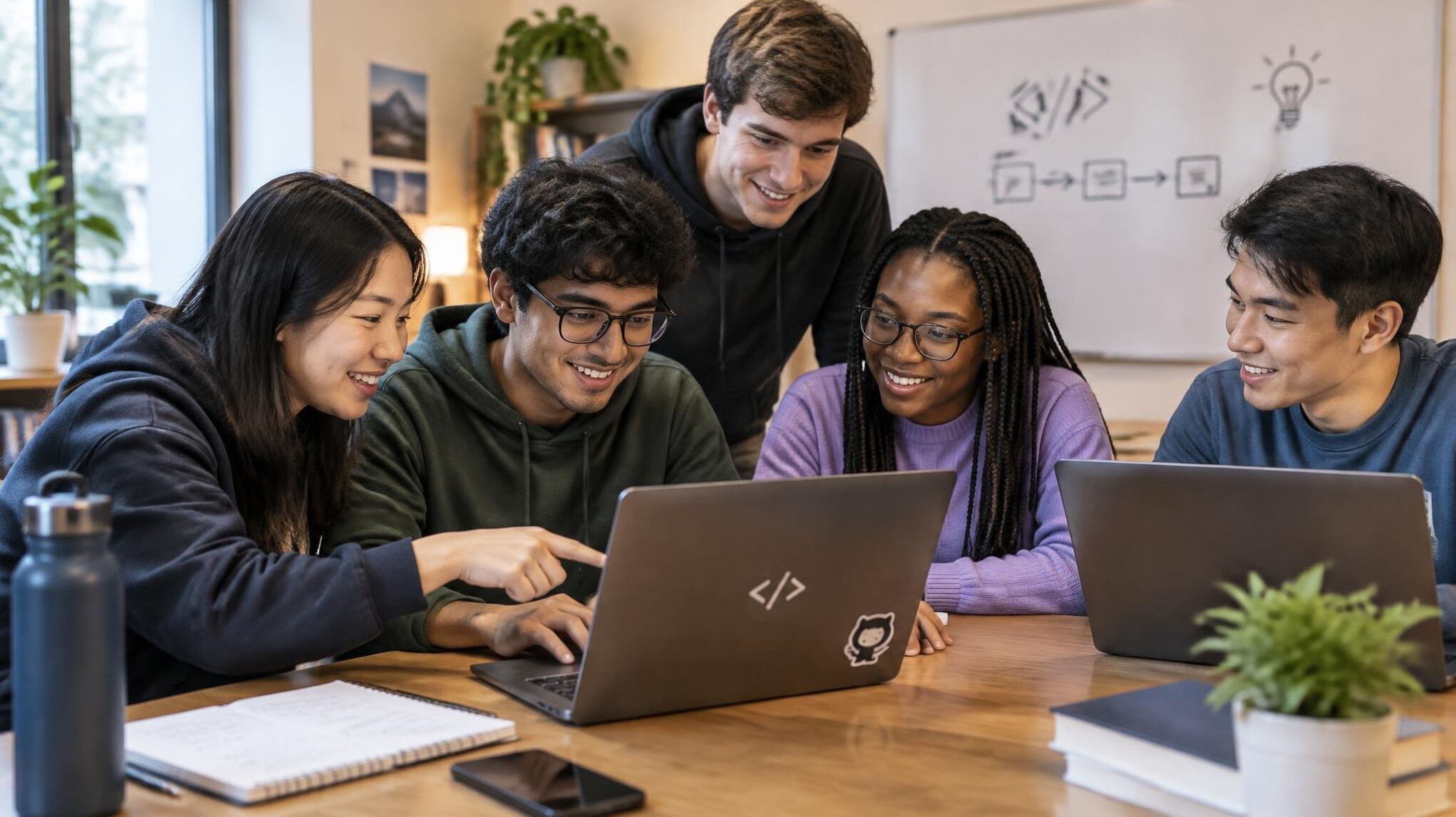 group of friends coding together