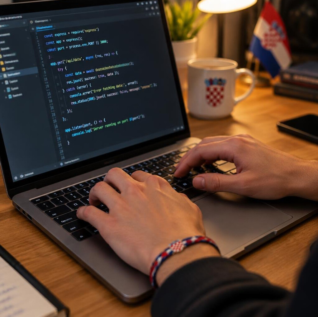 Close-up of hands typing on a laptop keyboard with code visible on screen