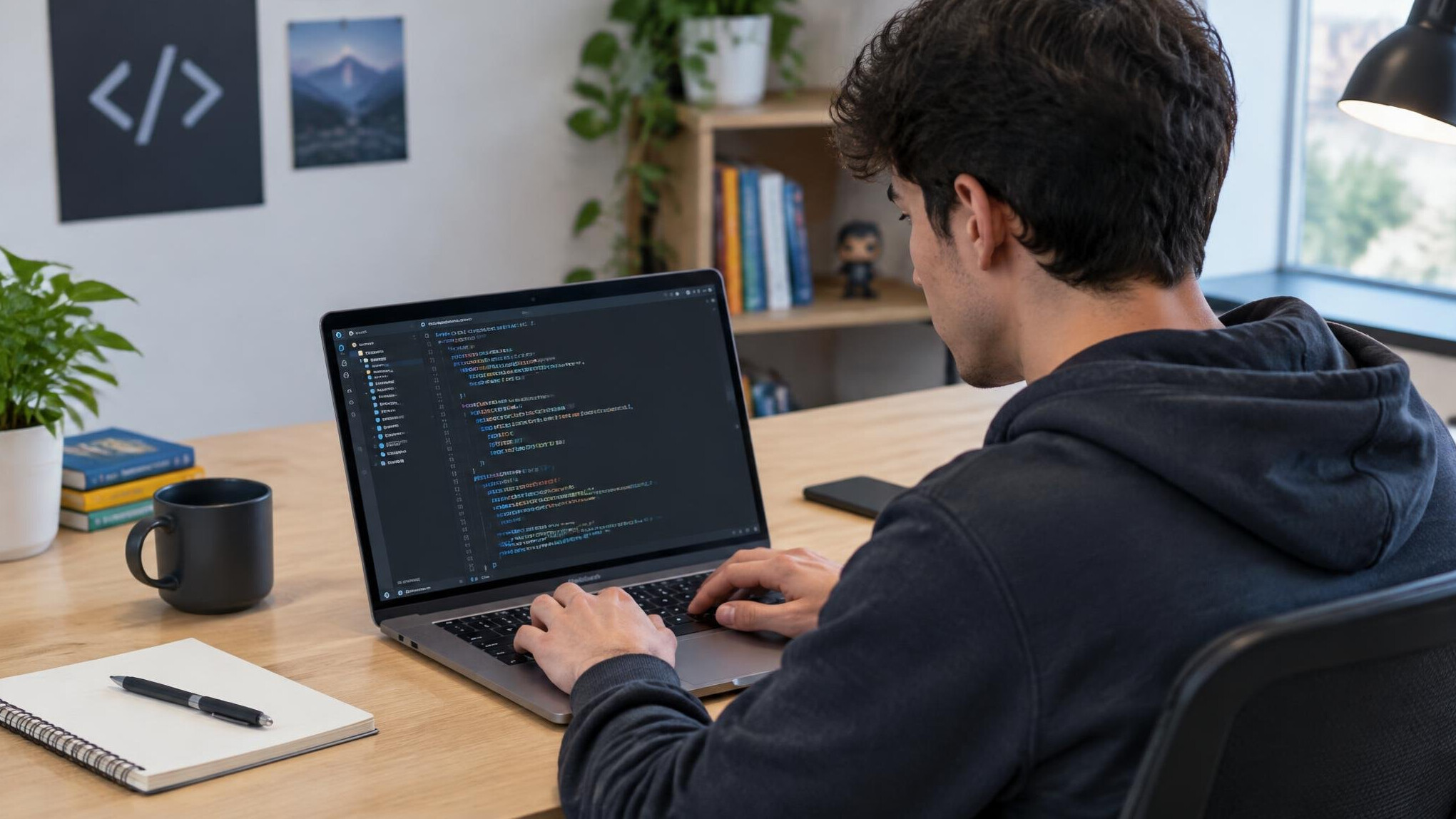 young man coding on laptop