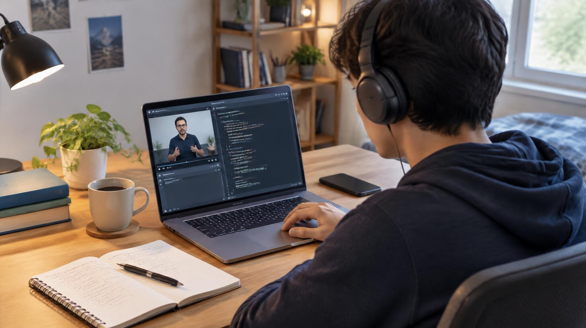 person coding at home desk